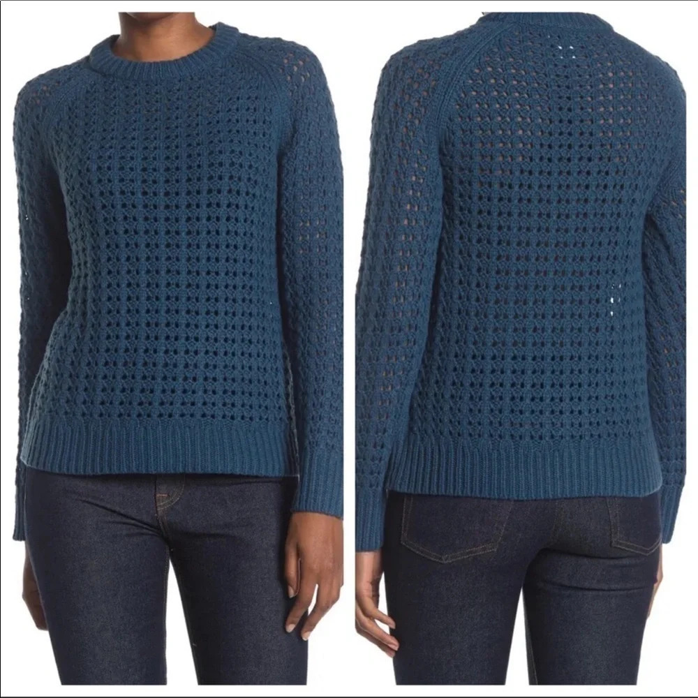 Club Monaco Open Stitch Pullover Sweater Top Blouse M Blue Teal Winter Cozy NWT